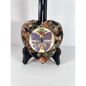 Butterfly Taxidermy Blue Iridescent In Heart Shaped Frame W/ Semi Precious Stone